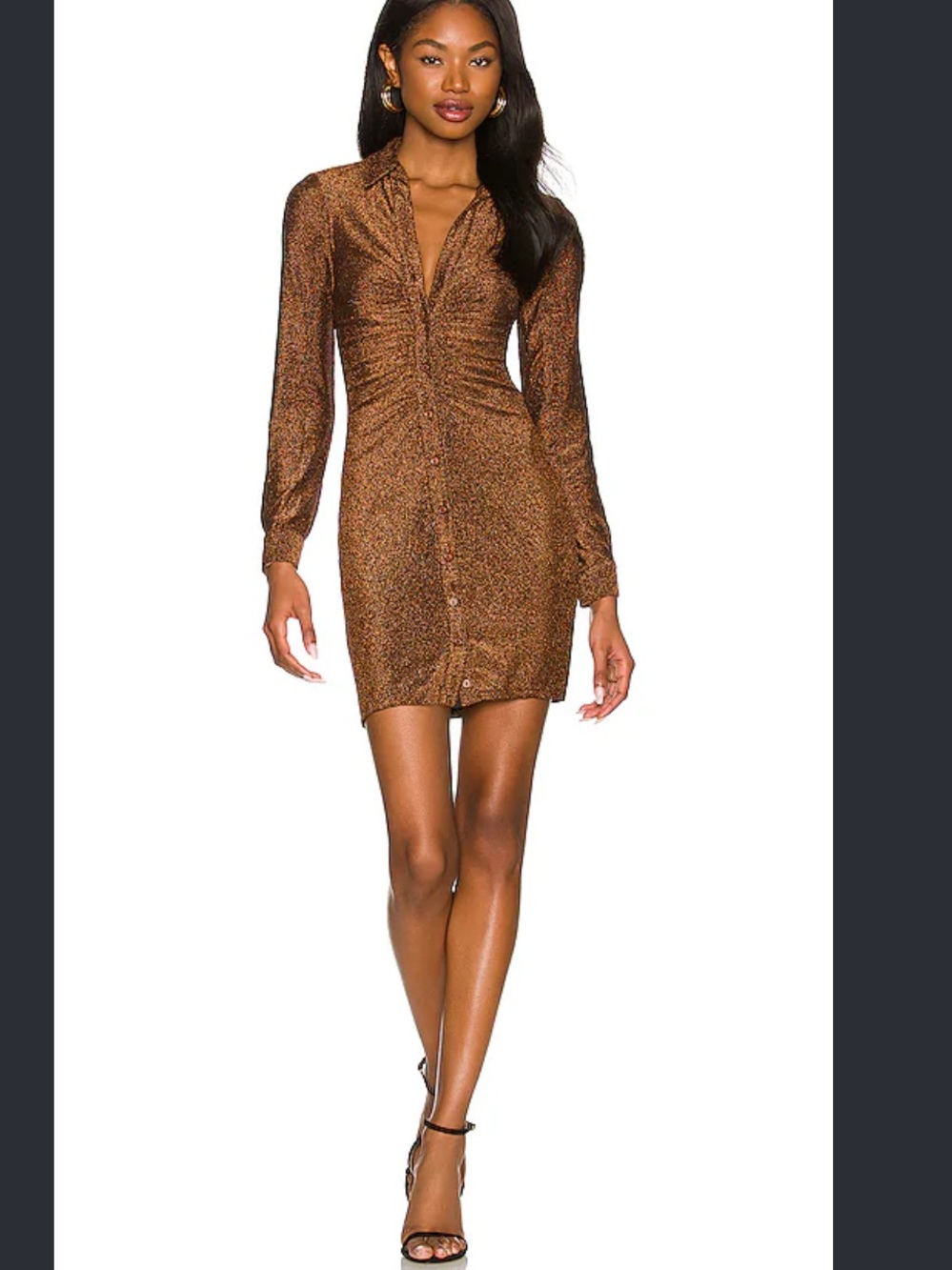 ASTR The Label Ambel Dress Ruched Long Sleeve Midi Brown XS